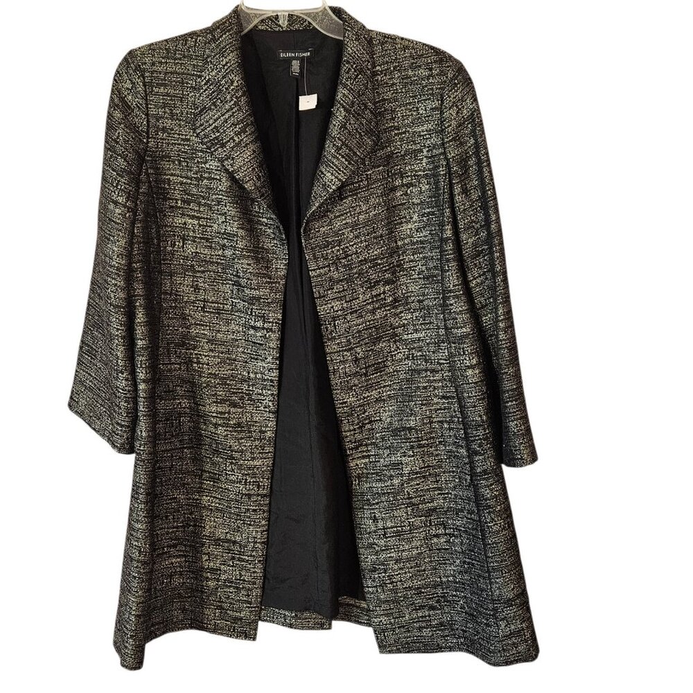 Eileen Fisher Womens Silver And Black Textured Open Blazer 3/4 Sleeves Size M - Picture 3 of 8